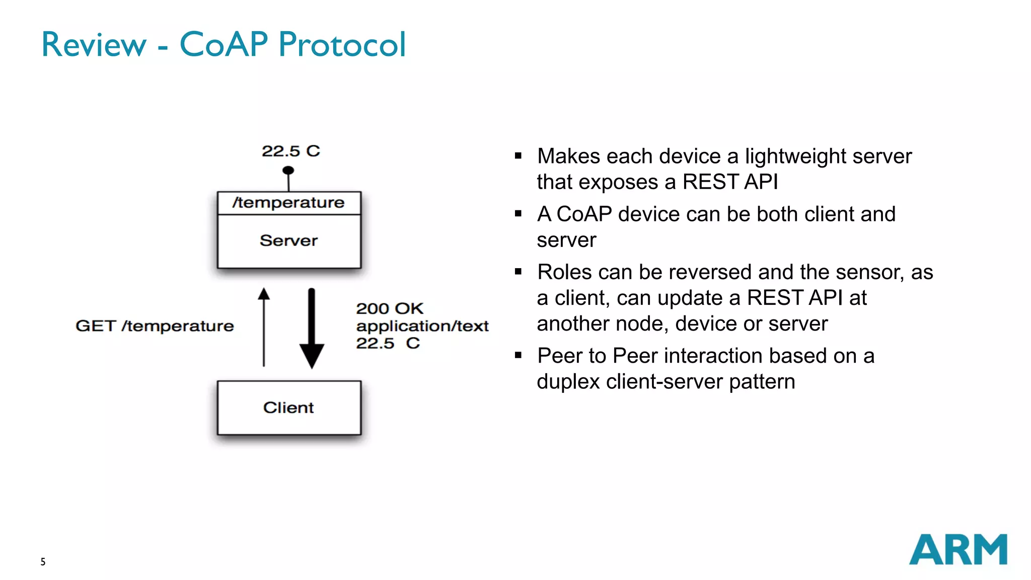 Review - CoAP Protocol 
5 
§ Makes each device a lightweight server 
that exposes a REST API 
§ A CoAP device can be both client and 
server 
§ Roles can be reversed and the sensor, as 
a client, can update a REST API at 
another node, device or server 
§ Peer to Peer interaction based on a 
duplex client-server pattern 
 