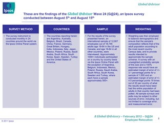 Global @dvisor


                    These are the findings of the Global @dvisor Wave 24 (G@24), an Ipsos survey
                    conducted between August 5th and August 15th


       SURVEY METHOD                         COUNTRIES                              SAMPLE                            WEIGHTING

  • The survey instrument is         • The countries reporting herein    • For the results of the survey     • Weighting was then employed
    conducted monthly in 24            are Argentina, Australia,           presented herein, an                to balance demographics and
    countries around the world via     Belgium, Brazil, Canada,            international sample of 12,907      ensure that the sample's
    the Ipsos Online Panel system.     China, France, Germany,             employees out of 18,746             composition reflects that of the
                                       Great Britain, Hungary,             adults age 18-64 in the US and      adult population according to
                                       India, Indonesia, Italy, Japan,     Canada, and age 16-64 in all        the most recent country
                                       Mexico, Poland, Russia, Saudi       other countries, were               Census data, and to provide
                                       Arabia, South Africa, South         interviewed. Approximately          results intended to
                                       Korea, Spain, Sweden, Turkey        1000+ individuals participated      approximate the sample
                                       and the United States of            on a country by country basis       universe. A survey with an
                                       America.                            via the Ipsos Online Panel with     unweighted probability sample
                                                                           the exception of Argentina,         of this size and a 100%
                                                                           Belgium, Indonesia, Mexico,         response rate would have an
                                                                           Poland, Russia, Saudi Arabia,       estimated margin of error of +/-
                                                                           South Africa, South Korea,          3.1 percentage points for a
                                                                           Sweden and Turkey, where            sample of 1,000 and an
                                                                           each have a sample                  estimated margin of error of +/-
                                                                           approximately 500+.                 4.5 percentage points 19 times
                                                                                                               out of 20 per country of what
                                                                                                               the results would have been
                                                                                                               had the entire population of
                                                                                                               adults in that country had been
                                                                                                               polled. All sample surveys and
                                                                                                               polls may be subject to other
                                                                                                               sources of error, including, but
                                                                                                               not limited to coverage error,
                                                                                                               and measurement error.




                                                                                 A Global @dvisory – February 2012 – G@24
                                                                                                                                             2
© 2011 Ipsos                                                                                                 Employee Relocation
 