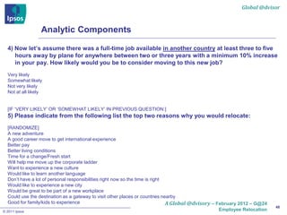 Global @dvisor



                  Analytic Components

  4) Now let’s assume there was a full-time job available in another country at least three to five
     hours away by plane for anywhere between two or three years with a minimum 10% increase
     in your pay. How likely would you be to consider moving to this new job?
  Very likely
  Somewhat likely
  Not very likely
  Not at all likely


  [IF ‘VERY LIKELY’ OR ‘SOMEWHAT LIKELY’ IN PREVIOUS QUESTION:]
  5) Please indicate from the following list the top two reasons why you would relocate:
  [RANDOMIZE]
  A new adventure
  A good career move to get international experience
  Better pay
  Better living conditions
  Time for a change/Fresh start
  Will help me move up the corporate ladder
  Want to experience a new culture
  Would like to learn another language
  Don’t have a lot of personal responsibilities right now so the time is right
  Would like to experience a new city
  Would be great to be part of a new workplace
  Could use the destination as a gateway to visit other places or countries nearby
  Good for family/kids to experience                                           A Global @dvisory – February 2012 – G@24
                                                                                                                          48
© 2011 Ipsos                                                                                     Employee Relocation
 