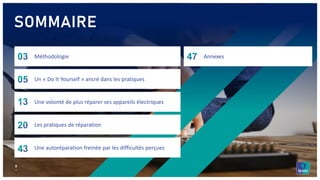 SOMMAIRE
2
‒
Méthodologie
Un « Do It Yourself » ancré dans les pratiques
Une volonté de plus réparer ses appareils électri...