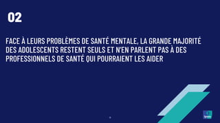 FACE À LEURS PROBLÈMES DE SANTÉ MENTALE, LA GRANDE MAJORITÉ
DES ADOLESCENTS RESTENT SEULS ET N’EN PARLENT PAS À DES
PROFESSIONNELS DE SANTÉ QUI POURRAIENT LES AIDER
18
02
 