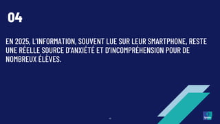 EN 2025, L’INFORMATION, SOUVENT LUE SUR LEUR SMARTPHONE, RESTE
UNE RÉELLE SOURCE D’ANXIÉTÉ ET D’INCOMPRÉHENSION POUR DE
NOMBREUX ÉLÈVES.
46
04
 