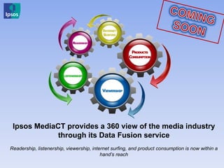 Ipsos MediaCT provides a 360 view of the media industry
through its Data Fusion service
Readership, listenership, viewership, internet surfing, and product consumption is now within a
hand’s reach
 