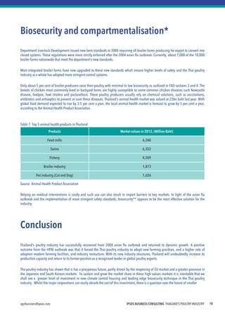 IPSOS BUSINESS CONSULTING THAILAND'S POULTRY INDUSTRY 
agribusiness@ipsos.com 
10 
Biosecurity and compartmentalisation* 
Department Livestock Development issued new farm standards in 2000 requiring all broiler farms producing for export to convert into closed systems. These regulations were more strictly enforced after the 2004 avian flu outbreak. Currently, about 7,000 of the 10,000 broiler farms nationwide that meet the department's new standards. 
Most integrated broiler farms have now upgraded to these new standards which ensure higher levels of safety and the Thai poultry industry as a whole has adopted more stringent control systems. 
Only about 5 per cent of broiler producers raise their poultry with minimal to low biosecurity as outlined in FAO sections 3 and 4. The breeds of chicken most commonly bred in backyard farms are highly susceptible to some common chicken diseases such Newcastle disease, fowlpox, fowl cholera and pasturellosis. These poultry producers usually rely on chemical solutions, such as vaccinations, antibiotics and antiseptics to prevent or cure these diseases. Thailand's animal health market was valued at 23bn baht last year. With global food demand expected to rise by 3-5 per cent a year, the local animal health market is forecast to grow by 5 per cent a year, according to the Animal Health Product Association. 
Table 7: Top 5 animal health products in Thailand 
Source: Animal Health Product Association 
Relying on medical interventions is costly and such use can also result in import barriers to key markets. In light of the avian flu outbreak and the implementation of more stringent safety standards, biosecurity** appears to be the most effective solution for the industry. 
Conclusion 
Thailand's poultry industry has successfully recovered from 2004 avian flu outbreak and returned to dynamic growth. A positive outcome from the HPAI outbreak was that it forced the Thai poultry industry to adopt new farming practices, and a higher rate of adoption modern farming facilities, and industry restructure. With its new industry structures, Thailand will undoubtedly increase its production capacity and return to its former position as a recognised leader in global poultry exports. 
The poultry industry has shown that is has a prosperous future, partly driven by the reopening of EU market and a greater presence in the Japanese and South Korean markets. To sustain and grow the market share in these high values markets it is inevitable that we shall see a greater level of investment in new climate control housing and leading edge biosecurity technique in the Thai poultry industry. Whilst the major corporations can easily absorb the cost of this investment, there is a question over the future of smaller 
Products 
Market values in 2012, (Million Baht) 
Feed mills 
6,340 
Swine 
6,352 
Fishery 
4,509 
Broiler industry 
1,873 
Pet industry,(Cat and Dog) 
1,626  