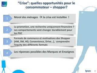 “Crise”: quelles opportunités pour le
consommateur – shopper?
2
Moral des ménages  la crise est installée !1
La promotion, une recherche uniquement financière ?
Les comportements vont changer durablement pour
les PGC
2
Formats de commerce et motivations des Shopper
(HM, SM, HD, Convenience, Drive…), comprendre
l’equity des différents formats
3
Les réponses possibles des Marques et Enseignes4
 