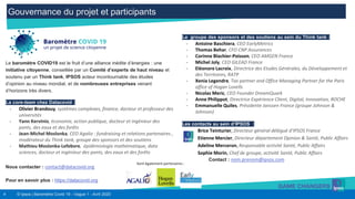 4 © Ipsos | Baromètre Covid 19 - Vague 1 - Avril 2020
Le groupe des sponsors et des soutiens au sein du Think tank :
- Antoine Baschiera, CEO EarlyMetrics
- Thomas Behar, CFO CNP Assurances
- Corinne Blachier-Poisson, CEO AMGEN France
- Michel Joly, CEO GILEAD France
- Eléonore Lacroix, Directrice des Etudes Générales, du Développement et
des Territoires, RATP
- Xenia Legendre, Tax partner and Office Managing Partner for the Paris
office of Hogan Lovells
- Nicolas Meric, CEO Founder DreamQuark
- Anne Philippot, Directrice Expérience Client, Digital, Innovation, ROCHE
- Emmanuelle Quiles, Présidente Janssen France (groupe Johnson &
Johnson)
Les contacts au sein d’IPSOS :
Brice Teinturier, Directeur général délégué d’IPSOS France
Etienne Mercier, Directeur département Opinion & Santé, Public Affairs
Adeline Merceron, Responsable activité Santé, Public Affairs
Sophie Morin, Chef de groupe, activité Santé, Public Affairs
Contact : nom.prenom@ipsos.com
Gouvernance du projet et participants
Le baromètre COVID19 est le fruit d’une alliance inédite d’énergies : une
initiative citoyenne, conseillée par un Comité d’experts de haut niveau et
soutenu par un Think tank, IPSOS acteur incontournable des études
d’opinion au niveau mondial, et de nombreuses entreprises venant
d’horizons très divers.
La core-team chez Datacovid :
- Olivier Brandouy, systèmes complexes, finance, docteur et professeur des
universités
- Yann Kervinio, économie, action publique, docteur et ingénieur des
ponts, des eaux et des forêts
- Jean-Michel Moslonka, CEO Agalio : fundraising et relations partenaires ,
modérateur du Think tank, groupe des sponsors et des soutiens
- Mathieu Moslonka-Lefebvre, épidémiologie mathématique, data
sciences, docteur et ingénieur des ponts, des eaux et des forêts
Nous contacter : contact@datacovid.org
Pour en savoir plus : https://datacovid.org
Sont également partenaires :
 