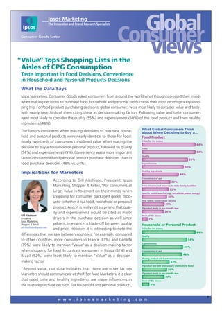 Consumer Goods Sector




“Value” Tops Shopping Lists in the
 Aisles of CPG Consumption
 Taste Important in Food Decisions, Convenience
 in Household and Personal Products Decisions
 What the Data Says
 Ipsos Marketing, Consumer Goods asked consumers from around the world what thoughts crossed their minds
 when making decisions to purchase food, household and personal products on their most recent grocery shop-
 ping trip. For food product purchasing decisions, global consumers were most likely to consider value and taste,
 with nearly two-thirds of them citing these as decision-making factors. Following value and taste, consumers
 were most likely to consider the quality (55%) and expensiveness (50%) of the food product and then healthy
 ingredients (44%).
                                                                                 What Global Consumers Think
 The factors considered when making decisions to purchase house-                 about When Deciding to Buy a…
 hold and personal products were nearly identical to those for food:             Food Product
 nearly two-thirds of consumers considered value when making the                 Value for the money
                                                                                                                                        64%
 decision to buy a household or personal product, followed by quality            Taste
 (54%) and expensiveness (49%). Convenience was a more important                                                                        64%
                                                                                 Quality
 factor in household and personal product purchase decisions than in                                                           55%
 food purchase decisions (48% vs. 34%).                                          Expensiveness
                                                                                                                           50%
                                                                                 Healthy ingredients
 Implications for Marketers                                                                                            44%
                                                                                 Convenience of use
                          According to Gill Aitchison, President, Ipsos                                       34%
                          Marketing, Shopper & Retail, “For consumers at         Extra vitamins and minerals to make family healthier
                                                                                                            32%
                          large, value is foremost on their minds when
                                                                                 Specific health benefits (e.g., extra brain power, energy)
                          shopping for consumer packaged goods prod-                                       30%
                                                                                 Help family avoid/reduce obesity
                          ucts – whether it is a food, household or personal
                                                                                                        27%
                          product. And, it is really not surprising that qual-   If product made in eco-friendly way

                          ity and expensiveness would be cited as major                                26%
 Gill Aitchison                                                                  None of the above
 President                drivers in the purchase decision as well since                 7%
 Ipsos Marketing,
 Shopper & Retail         value is, in essence, a trade-off between quality      Household or Personal Product
 gill.aitchison@ipsos.com
                          and price. However it is interesting to note the       Value for the money
                                                                                                                                        64%
 differences that we saw between countries. For example, compared                Quality
 to other countries, more consumers in France (81%) and Canada                                                                 54%
                                                                                 Expensiveness
 (79%) were likely to mention “Value” as a decision-making factor                                                          49%
 when shopping for food. In contrast, consumers in Russia (51%) and              Convenience of use
                                                                                                                          48%
 Brazil (52%) were least likely to mention “Value” as a decision-
                                                                                 If using product will harm environment
 making factor.                                                                                              33%
                                                                                 If product will add unnecessary chemicals to home
 “Beyond value, our data indicates that there are other factors                                           30%
                                                                                 If product made in eco-friendly way
 Marketers should communicate at shelf. For food Marketers, it is clear
                                                                                                        27%
 that good taste and healthy ingredients are major influencers in                None of the above

 the in-store purchase decision. For household and personal products,                      9%




                          w w w . i p s o s m a r k e t i n g . c o m
 