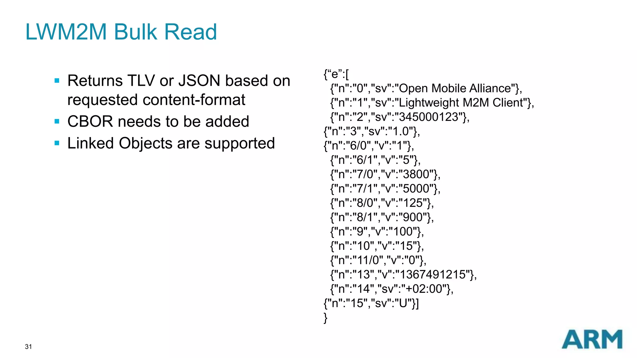 LWM2M Bulk Read 
31 
 Returns TLV or JSON based on 
requested content-format 
 CBOR needs to be added 
 Linked Objects are supported 
{“e”:[ 
{"n":"0","sv":"Open Mobile Alliance"}, 
{"n":"1","sv":"Lightweight M2M Client"}, 
{"n":"2","sv":"345000123"}, 
{"n":"3","sv":"1.0"}, 
{"n":"6/0","v":"1"}, 
{"n":"6/1","v":"5"}, 
{"n":"7/0","v":"3800"}, 
{"n":"7/1","v":"5000"}, 
{"n":"8/0","v":"125"}, 
{"n":"8/1","v":"900"}, 
{"n":"9","v":"100"}, 
{"n":"10","v":"15"}, 
{"n":"11/0","v":"0"}, 
{"n":"13","v":"1367491215"}, 
{"n":"14","sv":"+02:00"}, 
{"n":"15","sv":"U"}] 
} 
 