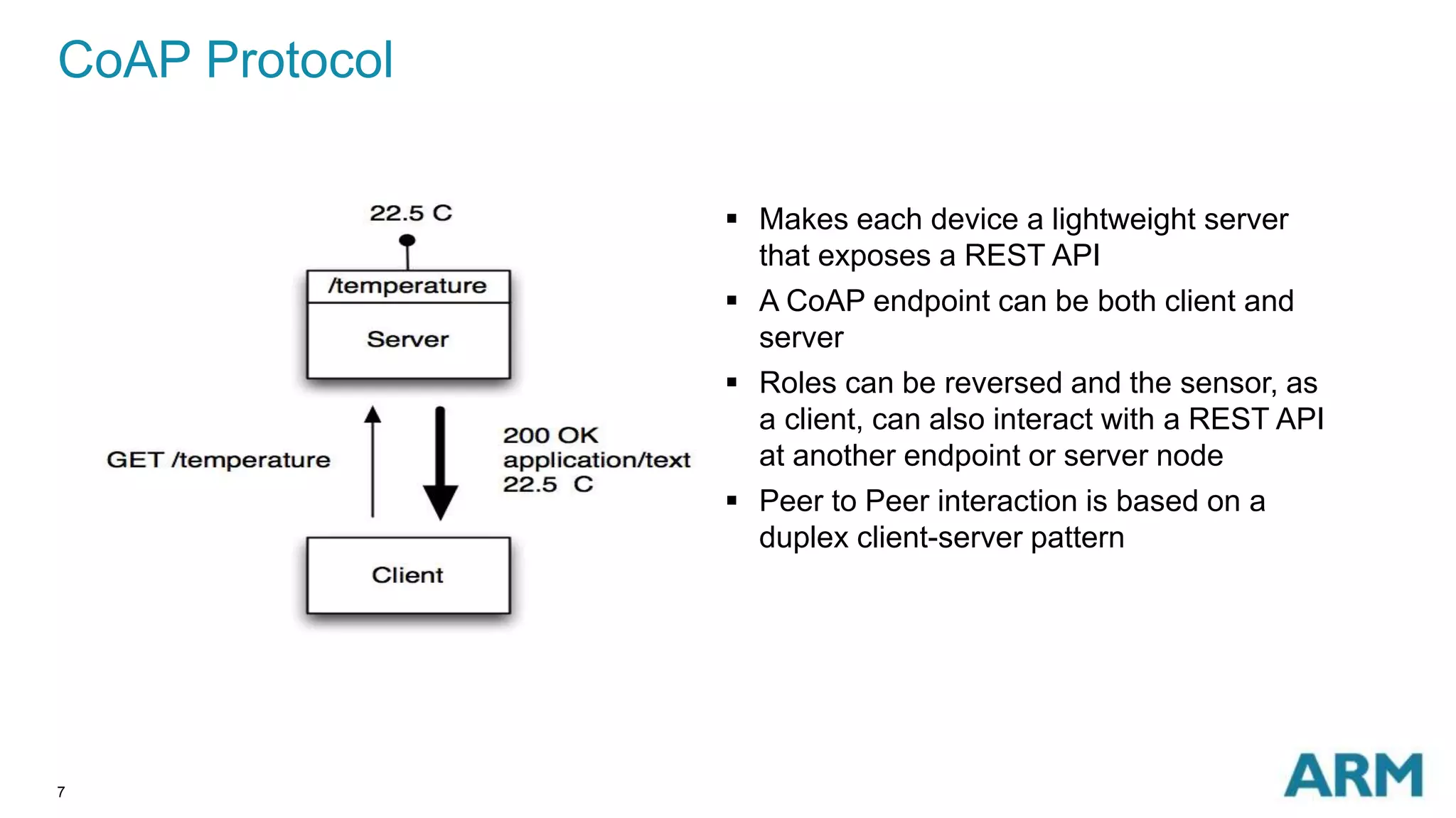 CoAP Protocol 
7 
 Makes each device a lightweight server 
that exposes a REST API 
 A CoAP endpoint can be both client and 
server 
 Roles can be reversed and the sensor, as 
a client, can also interact with a REST API 
at another endpoint or server node 
 Peer to Peer interaction is based on a 
duplex client-server pattern 
 