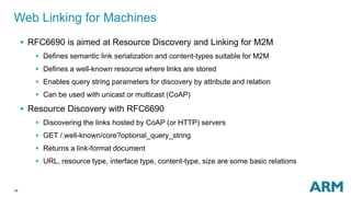 Web Linking for Machines 
14 
 RFC6690 is aimed at Resource Discovery and Linking for M2M 
 Defines semantic link serialization and content-types suitable for M2M 
 Defines a well-known resource where links are stored 
 Enables query string parameters for discovery by attribute and relation 
 Can be used with unicast or multicast (CoAP) 
 Resource Discovery with RFC6690 
 Discovering the links hosted by CoAP (or HTTP) servers 
 GET /.well-known/core?optional_query_string 
 Returns a link-format document 
 URL, resource type, interface type, content-type, size are some basic relations 
 