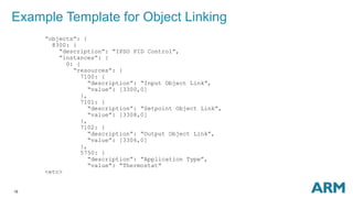 15
Example Template for Object Linking
“objects”: {
8300: {
“description”: “IPSO PID Control”,
“instances”: {
0: {
“resources”: {
7100: {
“description”: “Input Object Link”,
“value”: [3300,0]
},
7101: {
“description”: “Setpoint Object Link”,
“value”: [3308,0]
},
7102: {
“description”: “Output Object Link”,
“value”: [3306,0]
},
5750: {
“description”: ”Application Type”,
“value”: “Thermostat”
<etc>
 