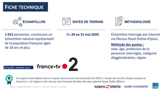 2 ©Ipsos – Enquête d’actualité – France 2 / « Vous avez la parole » – Juin 2020
1 013 personnes, constituant un
échantillon national représentatif
de la population française âgée
de 18 ans et plus.
Du 29 au 31 mai 2020. Échantillon interrogé par Internet
via l’Access Panel Online d’Ipsos.
Méthode des quotas :
sexe, âge, profession de la
personne interrogée, catégorie
d’agglomération, région.
Ce rapport a été élaboré dans le respect de la norme internationale ISO 20252 « Etudes de marché, études sociales et
d’opinion ». Ce rapport a été relu par Jean-François Doridot, Directeur général (Ipsos Public Affairs).
FICHE TECHNIQUE
ÉCHANTILLON DATES DE TERRAIN MÉTHODOLOGIE
Enquête réalisée pour :
 