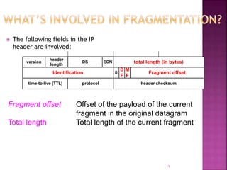 The following fields in the IP
header are involved:
ECNversion
header
length
DS total length (in bytes)
Identification Fragment offset
time-to-live (TTL) protocol header checksum
0
M
F
D
F
19
Fragment offset Offset of the payload of the current
fragment in the original datagram
Total length Total length of the current fragment
 