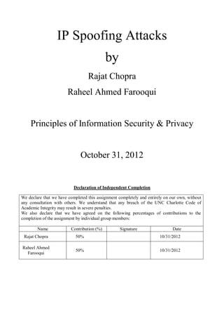 IP Spoofing Attacks
                                            by
                                  Rajat Chopra
                       Raheel Ahmed Farooqui


    Principles of Information Security & Privacy


                              October 31, 2012


                           Declaration of Independent Completion

We declare that we have completed this assignment completely and entirely on our own, without
any consultation with others. We understand that any breach of the UNC Charlotte Code of
Academic Integrity may result in severe penalties.
We also declare that we have agreed on the following percentages of contributions to the
completion of the assignment by individual group members:

        Name             Contribution (%)         Signature                   Date
 Rajat Chopra               50%                                        10/31/2012

Raheel Ahmed
                            50%                                        10/31/2012
  Farooqui
 