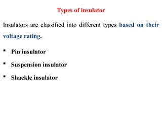 Types of insulator
Insulators are classified into different types based on their
voltage rating.
 Pin insulator
 Suspension insulator
 Shackle insulator
 