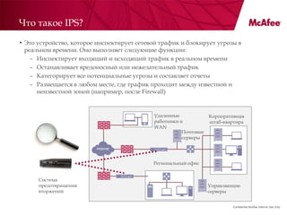 Что такое IPS?
• Это устройство, которое инспектирует сетевой трафик и блокирует угрозы в
  реальном времени. Оно выполняет следующие функции:
    – Инспектирует входящий и исходящий трафик в реальном времени
    – Останавливает вредоносный или нежелательный трафик
    – Категорирует все потенциальные угрозы и составляет отчеты
    – Размещается в любом месте, где трафик проходит между известной и
      неизвестной зоной (например, после Firewall)


                                             Удаленные             Корпоративная
                                             работники и           штаб-квартира
                                             WAN
                                                        Почтовые
                                                        серверы




                                            Региональный офис


      Система
      предотвращения                                               Управляющие
      вторжений                                                    серверы


                                                                           Confidential McAfee Internal Use Only
 
