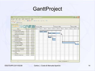 GanttProject




ESGTS/IPS 2011/02/28   Carlos J. Costa & Manuela Aparicio   14
 