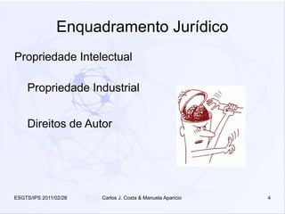 Enquadramento Jurídico
Propriedade Intelectual

    Propriedade Industrial


    Direitos de Autor




ESGTS/IPS 2011/02/28   Carlos J. Costa & Manuela Aparicio   4
 