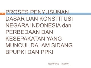 1

PROSES PENYUSUNAN
DASAR DAN KONSTITUSI
NEGARA INDONESIA dan
PERBEDAAN DAN
KESEPAKATAN YANG
MUNCUL DALAM SIDANG
BPUPKI DAN PPKI
KELOMPOK 2

28/01/2014

 