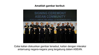 Amatilah gambar berikut:
Coba kalian diskusikan gambar tersebut, kaitan dengan interaksi
antarruang negara-negara yang tergabung dalam ASEAN.
 