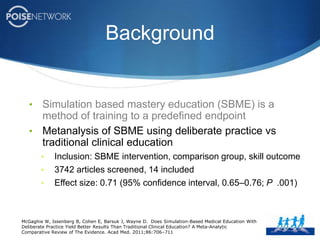 BackgroundSimulation based mastery education (SBME) is a method of training to a predefined endpointBackgroundSimulation based mastery education (SBME) is a method of training to a predefined endpoint
