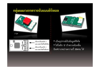 กล่มแผงวงจรตรวจจับแบบดิจิตอล
กลุ แผงวงจรตรวจจบแบบดจตอล



2 ชุด


                        • เป็ นอุปกรณ์รบข้อมูลดิจทล
                                 ุ      ั     ู ิ ั
                        • ให้โลจิก ‘0’ ถ้าตรวจจับคลืน
                                                    ่
                        อินฟราเรดย่านความถี่ 38kHz ได้
 