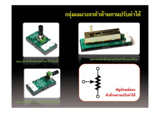 กลุ่มแผงวงจรตัวต้านทานปรับค่าได้
                                         ุ




                                               แผงวงจรตัวต้านทานปรับค่าได้ แบบเลื่อน
แผงวงจรตัวต้านทานปรับค่าได้ ตัวตัง
                              ้ ้




                                                                  สัญลักษณ์ ของ
                                                           ตวตานทานปรบคาได
                                                           ตัวต้านทานปรับค่าได้
แผงวงจรตัวต้านทานปรับค่าได้ ตัวนอน
                              ้
 