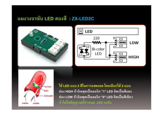 แผงวงจรขบ      สองส ZX-LED2C
แผงวงจรขับ LED สองสี : ZX LED2C
                              O   LED
                                        220
                                                        S
                                                        +
                                                        +       LOW
                                   R
                                       Bi-color
                             G           LED
                                                        S
                                                        +      HIGH




                ใช้
                ใ LED แบบ 2 สีในการแสดงผล โดยเลือกได้ 2 แบบ
                                                         ไ
                ช่อง HIGH ถ้าอินพุตเป็ นลอจิก "1" LED ติดเป็ นสีแดง
                ช่อง LOW ถ้าอินพตเป็ นลอจิก "0" LED ติดเป็ นสีเขียว
                ชอง         ถาอนพุตเปนลอจก            ตดเปนสเขยว
                ถ้าไม่ใช่สญญาณที่กาหนด LED จะดับ
                          ั        ํ
 