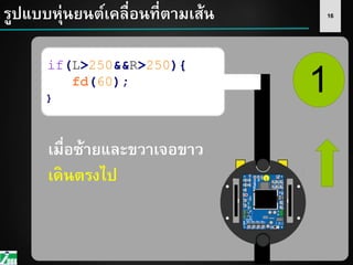 16รูปแบบหุ่นยนต์เคลื่อนที่ตามเส้น
1if(L>250&&R>250){
fd(60);
}
เมื่อซ้ายและขวาเจอขาว
เดินตรงไป
 