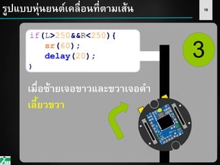 18รูปแบบหุ่นยนต์เคลื่อนที่ตามเส้น
3
if(L>250&&R<250){
sr(60);
delay(20);
}
เมื่อซ้ายเจอขาวและขวาเจอดา
เลี้ยวขวา
 