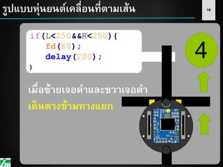 19รูปแบบหุ่นยนต์เคลื่อนที่ตามเส้น
4
if(L<250&&R<250){
fd(60);
delay(200);
}
เมื่อซ้ายเจอดาและขวาเจอดา
เดินตรงข้ามทางแยก
 
