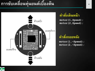 4การขับเคลื่อนหุ่นยนต์เบื้องต้น
คาสั่งเดินหน้า
motor(1,Speed);
motor(2,Speed);
คาสั่งถอยหลัง
motor(1,-Speed);
motor(2,-Speed);
 
