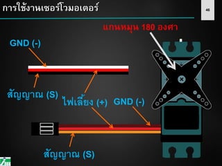 46การใช้งานเซอร์โวมอเตอร์
แกนหมุน 180 องศา
ไฟเลี้ยง (+) GND (-)
สัญญาณ (S)
GND (-)
สัญญาณ (S)
 