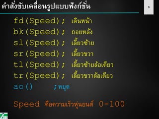 5คาสั่งขับเคลื่อนรูปแบบฟังก์ชั่น
fd(Speed); เดินหน้า
bk(Speed); ถอยหลัง
sl(Speed); เลี้ยวซ้าย
sr(Speed); เลี้ยวขวา
Speed คือความเร็วหุ่นยนต์ 0-100
ao() ;หยุด
tl(Speed); เลี้ยวซ้ายล้อเดียว
tr(Speed); เลี้ยวขวาล้อเดียว
 