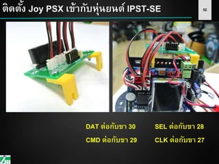 52ติดตั้ง Joy PSX เข้ากับหุ่นยนต์ IPST-SE
DAT ต่อกับขา 30
CMD ต่อกับขา 29
SEL ต่อกับขา 28
CLK ต่อกับขา 27
 