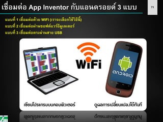 71เชื่อมต่อ App Inventor กับแอนดรอยด์ 3 แบบ
แบบที่ 1 เชื่อมต่อด้วย WIFI (เราจะเลือกใช้วิธีนี้)
แบบที่ 2 เชื่อมต่อผ่านซอฟต์แวร์อีมูเลเตอร์
แบบที่ 3 เชื่อมต่อตรงผ่านสาย USB
 