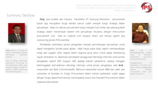 “MEMPERSIAPKAN KOMPETENSI PROFESIONAL PROCUREMENT &
PURCHASING SEIRING DENGAN SEMAKIN STRATEGISNYA PROFESI
TERSEBUT DI INDUSTRI “

Summary Takshow
Panji, nara sumber dari industry manufaktur PT. Samsung Electronics , procurement
bukan lagi merupakan fungsi klerikal namun sudah menjadi fungsi strategis dalam
perusahaan. Selain itu dahulu procurement hanya menjadi Cost Center tapi sekarang lebih
strategis dalam menentukan bottom line perusahaan terutama dengan menurunkan
procurement cost

baik itu material cost maupun direct cost lainnya seperti jasa

outsourcing proses PCB assembly .
Pendekatan sentralisasi proses pengadaan menjadi pertimbangan perusahaan untuk
Panji berkarir > 17 tahun di
Industri Manufaktur sebuah
perusahaan
Elektronik
terkenal.
Saat ini beliau memimpin
department Purchasing di
perusahaannya, beliau juga
tercatat sebagai Founder &
Board of Expert Indonesian
Procurement Society

dapat mengetahui kondisi pasar global , tidak hanya pasar lokal, seperti membandingan
harga dari supplier antar negara dalam regional yang sama. Untuk dapat mendukung

tujuan sentralisasi ini, diperlukan percepatan penggunaan teknologi informasi untuk proses
pengadaan seperti ERP maupun SAP apalagi Industri perbank-an sedang mengejar
,

ketertinggalan kemutakhiran teknologi informasi untuk proses pengadaan, kata Andi ,
narasumber dari Bank Commonwealth. Menurut narasumber lulusan MBA dari salah satu

universitas di Australia ini, fungsi Procurement dalam industri perbankan sudah sejajar
dengan fungsi department lainnya menempatkan posisi Vice President Procurement dalam
organisasi perusahaan.

Andi
saat
ini
bertanggungjawab sebagai
Head
&
Education
Competency
Indonesian
Procurement Society.

Pengalamannya
di
perbankan > 10 tahun, dan
saat in beliau menggawangi
seluruh
aktifitas
Procurement salah satu
bank di Indonesia.

 