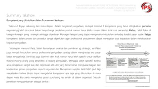 “MEMPERSIAPKAN KOMPETENSI PROFESIONAL PROCUREMENT &
PURCHASING SEIRING DENGAN SEMAKIN STRATEGISNYA PROFESI
TERSEBUT DI INDUSTRI “

Summary Takshow
Kompetensi yang dibutuhkan dalam Procurement kedepan
Menurut Togap, sekarang dan masa depan dalam fungsional pengadaan, terdapat minimal 3 kompetensi yang harus ditingkatkan, pertama,

negosiasi yg lebih structural bukan hanya harga perolehan produk namun harus lebih concern dalam total cost ownership. Kedua, lebih fokus di
kategori-kategori yang strategik sehingga diperlukan Manager Kategori yang dapat menganalisa kebutuhan terhadap kondisi pasar suplai. Ketiga,

kompetensi dalam proses dan prosedur sangat diperlukan agar professional procurement dapat menegakan asas kepatutan dalam melaksanakan
kegiatan pengadaan.
Sedangkan menurut Panji, Selain Kemampuan analisa dan pemikiran yg strategic, sertifikasi
juga menjadi kebutuhan semua professional pengadaan apalagi dalam menghadapi era pasar
bebas tenaga kerja. Sertifikasi juga diaminin oleh Andi, namun harus lebih spesifik untuk keahlian
masing-masing orang yang berprofesi di bidang pengadaan. Mengapa Lebih spesifik? karena
area pengadaan sangat luas dan diperlukan ahli-ahli yang benar-benar menguasai bagian dari
keseluruhan proses pengadaan seperti negosiasi dan Manajemen supplier. Andi lebih jauh lagi
menjelaskan bahwa Untuk dapat mengetahui kompetensi apa saja yang dibutuhkan di masa
depan maka kita perlu mengetahui posisi purchasing itu sendiri di dalam organisasi. Sebuah
penelitian menggambarkan sebagai berikut :

 