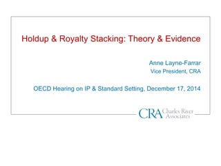 Holdup & Royalty Stacking: Theory & Evidence
Anne Layne-Farrar
Vice President, CRA
OECD Hearing on IP & Standard Setting, December 17, 2014
 