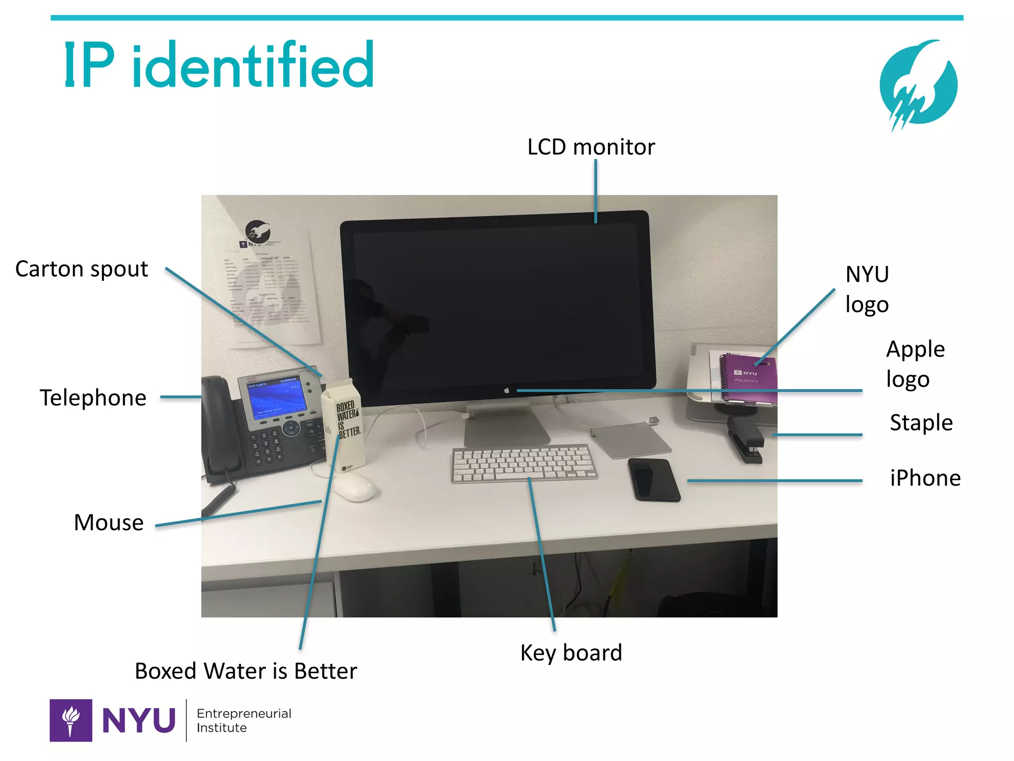 IP identified
Carton	spout
Telephone
Mouse
LCD	monitor
Staple
iPhone
Key	board
NYU
logo
Boxed	Water	is	Better
Apple
logo
 