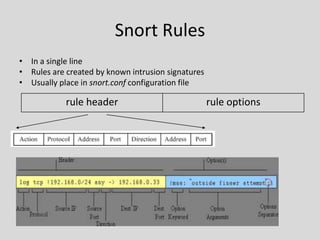 Snort Rules
• In a single line
• Rules are created by known intrusion signatures
• Usually place in snort.conf configuration file

            rule header                             rule options
 
