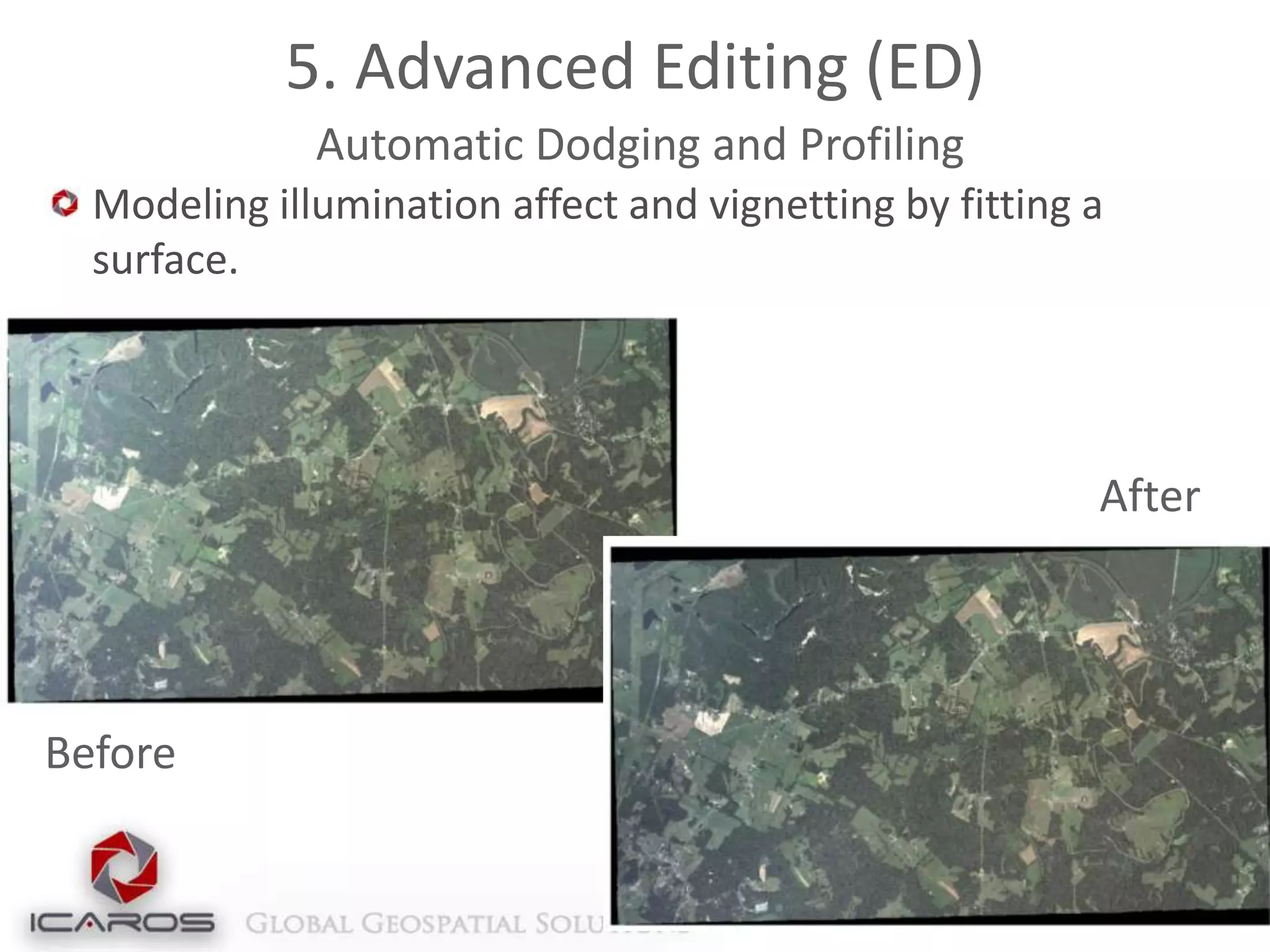 5. Advanced Editing (ED)
Automatic Dodging and Profiling
Modeling illumination affect and vignetting by fitting a
surface.

After

Before

 