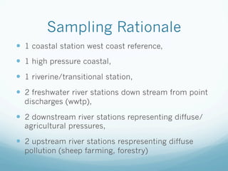 Sampling Rationale
—  1 coastal station west coast reference,
—  1 high pressure coastal,
—  1 riverine/transitional station,
—  2 freshwater river stations down stream from point
discharges (wwtp),
—  2 downstream river stations representing diffuse/
agricultural pressures,
—  2 upstream river stations respresenting diffuse
pollution (sheep farming, forestry)
 