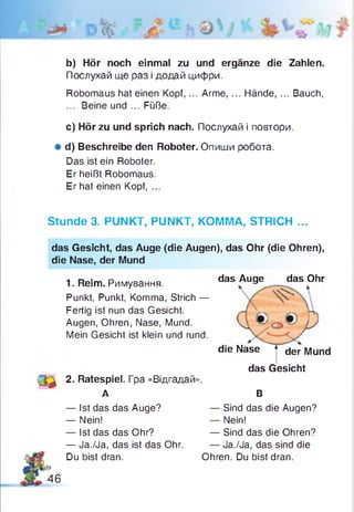 b) Hör noch einmal zu und ergänze die Zahlen.
Послухай ще раз і додай цифри.
Robomaus hat einen Kopf,... Arme, ... Hände, ... Bauch,
... Beine und ... Füße.
c) Hör zu und sprich nach. Послухай і повтори.
Ф d) Beschreibe den Roboter. Опиши робота.
Das ist ein Roboter.
Er heißt Robomaus.
Er hat einen Kopf, ...
Stunde 3. PUNKT, PUNKT, KOMMA, STRICH ...
das Gesicht, das Auge (die Augen), das Ohr (die Ohren),
die Nase, der Mund
1. Reim. Римування. das Au9e das 0hr
Punkt, Punkt, Komma, Strich —
Fertig ist nun das Gesicht.
Augen, Ohren, Nase, Mund.
Mein Gesicht ist klein und rund.
die Nase * der Mund
das Gesicht
O } 2- Ratespiel. Гра «Відгадай».
А В
— Ist das das Auge?
— Nein!
— Ist das das Ohr?
— Ja./Ja, das ist das Ohr.
Du bist dran.
— Sind das die Ohren?
— Ja./Ja, das sind die
Ohren. Du bist dran.
— Sind das die Augen?
— Nein!
46
 