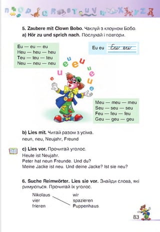 5#A J e <Wfe»TtüÄ k Д
5. Zaubere mit Clown Bobo. Чаклуй з клоуном Бобо.
а) Hör zu und sprich nach. Послухай і повтори.
Eu eu Faas pai/ —
Ü />
Meu — meu — meu
Seu — seu — seu
Feu — feu — feu
Geu — geu — geu
Eu — eu — eu
Heu — heu — heu
Teu — teu — teu
Neu — neu — neu
b) Lies mit. Читай разом з усіма,
neun, neu, Neujahr, Freund
c) Lies vor. Прочитай уголос.
Heute ist Neujahr.
Peter hat neun Freunde. Und du?
Meine Jacke ist neu. Und deine Jacke? Ist sie neu?
6. Suche Reimwörter. Lies sie vor. Знайди слова, які
римуються. Прочитай їх уголос.
Nikolaus wir
vier spazieren
frieren Puppenhaus ^
83
 