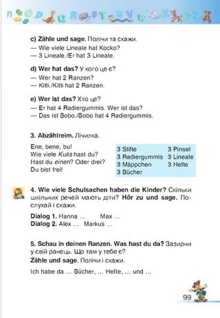 c) Zähle und sage. Полічи та скажи.
— Wie viele Lineale hat Kocko?
— 3 Lineale./Er hat 3 Lineale.
d) Wer hat das? У кого це є?
— Wer hat 2 Ranzen?
— Kitti./Kitti hat 2 Ranzen.
e) Wer ist das? Хто це?
— Er hat 4 Radiergummis. Wer ist das?
— Das ist Bobo./Bobo hat 4 Radiergummis.
3. Abzählreim. Лічилка.
4. Wie viele Schulsachen haben die Kinder? Скільки
шкільних речей мають діти? Hör zu und sage. По­
слухай і скажи.
Dialog 1. Hanna ... Max...
Dialog 2. Alex ... Markus...
5. Schau in deinen Ranzen. Was hast du da? Зазирни
у свій ранець. Що там у тебе є?
Zähle und sage. Полічи і скажи.
Ich habe da ... Bücher, ... Hefte,... und ...
Ene, bene, bu!
Wie viele Kulis hast du?
Hast du einen? Oder drei?
Du bist frei!
3 Stifte
3 Radiergummis 3 Lineale
3 Mäppchen 3 Hefte
3 Bücher
3 Pinsel
 