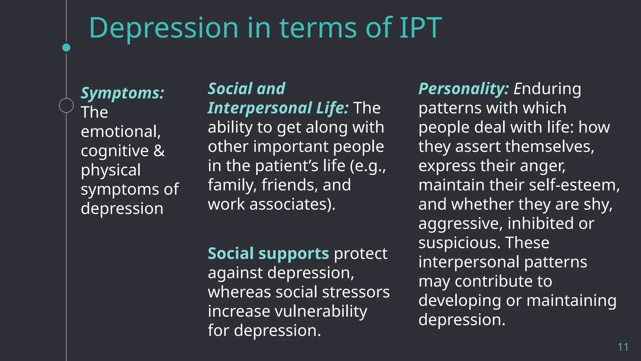 Depression in terms of IPT
Symptoms:
The
emotional,
cognitive &
physical
symptoms of
depression
Social and
Interpersonal Life: The
ability to get along with
other important people
in the patient’s life (e.g.,
family, friends, and
work associates).
Social supports protect
against depression,
whereas social stressors
increase vulnerability
for depression.
Personality: Enduring
patterns with which
people deal with life: how
they assert themselves,
express their anger,
maintain their self-esteem,
and whether they are shy,
aggressive, inhibited or
suspicious. These
interpersonal patterns
may contribute to
developing or maintaining
depression.
11
 
