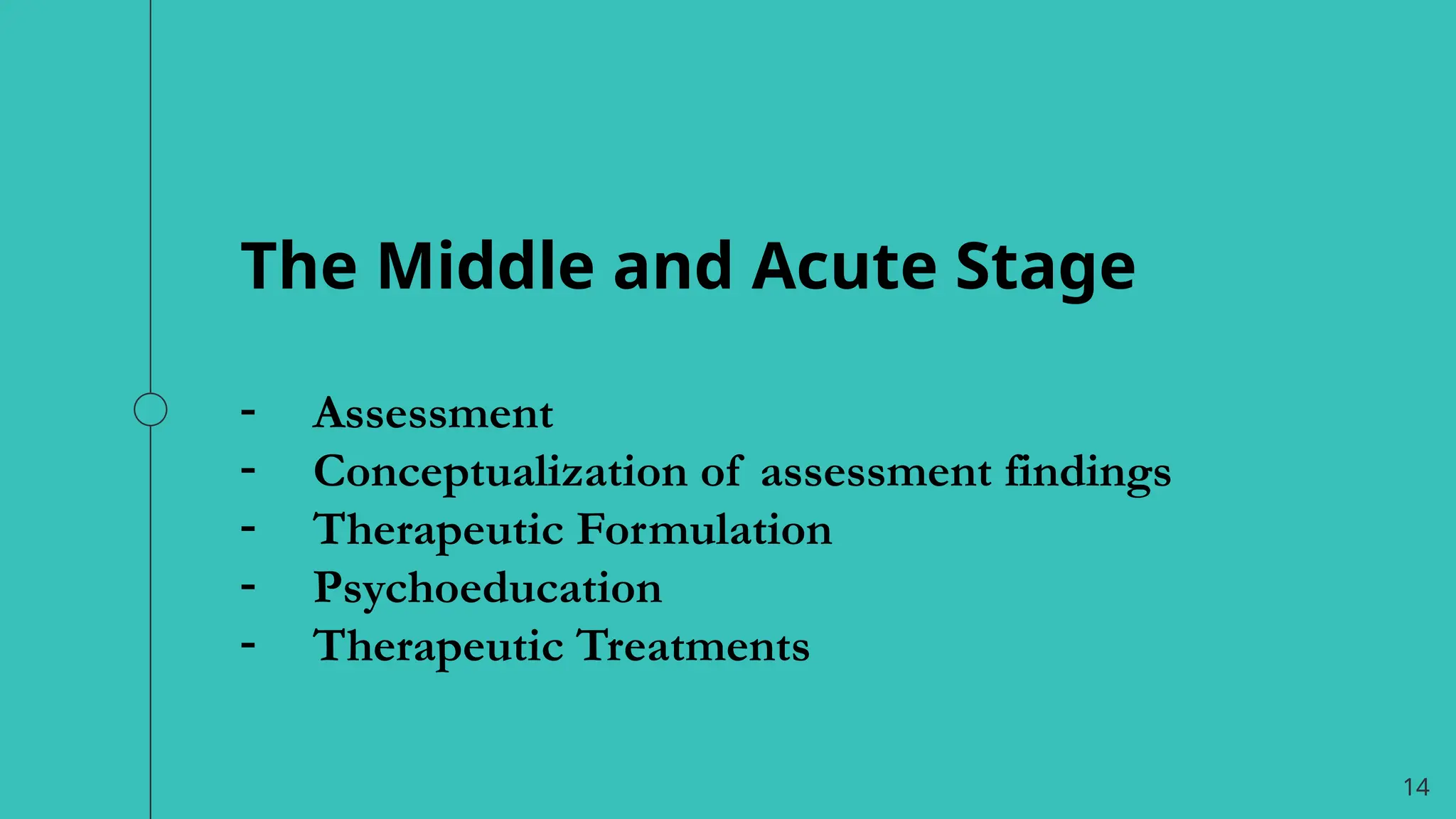 14
The Middle and Acute Stage
- Assessment
- Conceptualization of assessment findings
- Therapeutic Formulation
- Psychoeducation
- Therapeutic Treatments
 