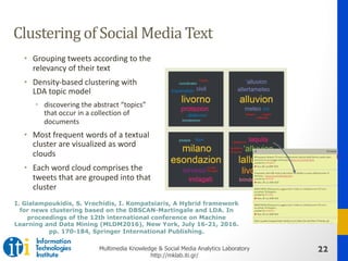 22Multimedia Knowledge & Social Media Analytics Laboratory
http://mklab.iti.gr/
Clustering	of	Social	Media	Text
• Grouping...