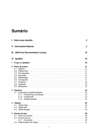 Sumário
I Sobre essa Apostila 3
II Informações Básicas 5
III GNU Free Documentation License 10
IV Iptables 19
1 O que é o Iptables 20
2 Plano de ensino 21
2.1 Objetivo . . . . . . . . . . . . . . . . . . . . . . . . . . . . . . . . . . . . . . . . . . . 21
2.2 Público Alvo . . . . . . . . . . . . . . . . . . . . . . . . . . . . . . . . . . . . . . . . . 21
2.3 Pré-requisitos . . . . . . . . . . . . . . . . . . . . . . . . . . . . . . . . . . . . . . . . 21
2.4 Descrição . . . . . . . . . . . . . . . . . . . . . . . . . . . . . . . . . . . . . . . . . . 21
2.5 Metodologia . . . . . . . . . . . . . . . . . . . . . . . . . . . . . . . . . . . . . . . . . 21
2.6 Cronograma . . . . . . . . . . . . . . . . . . . . . . . . . . . . . . . . . . . . . . . . 21
2.7 Programa . . . . . . . . . . . . . . . . . . . . . . . . . . . . . . . . . . . . . . . . . . 22
2.8 Avaliação . . . . . . . . . . . . . . . . . . . . . . . . . . . . . . . . . . . . . . . . . . 22
2.9 Bibliograﬁa . . . . . . . . . . . . . . . . . . . . . . . . . . . . . . . . . . . . . . . . . 22
3 Histórico 23
3.1 Introdução ao Netﬁlter/Iptables . . . . . . . . . . . . . . . . . . . . . . . . . . . . . . 23
3.1.1 Firewall Filtro de Pacotes . . . . . . . . . . . . . . . . . . . . . . . . . . . . . 23
3.1.2 Firewall NAT . . . . . . . . . . . . . . . . . . . . . . . . . . . . . . . . . . . . 24
3.1.3 Netﬁlter/Iptables . . . . . . . . . . . . . . . . . . . . . . . . . . . . . . . . . . 24
4 Tabelas 26
4.1 Tabela Filter . . . . . . . . . . . . . . . . . . . . . . . . . . . . . . . . . . . . . . . . . 26
4.2 Tabela NAT . . . . . . . . . . . . . . . . . . . . . . . . . . . . . . . . . . . . . . . . . 27
4.3 Tabela Mangle . . . . . . . . . . . . . . . . . . . . . . . . . . . . . . . . . . . . . . . 28
5 Sintaxe de Uso 29
5.1 Antes de começar . . . . . . . . . . . . . . . . . . . . . . . . . . . . . . . . . . . . . 29
5.2 Sintaxe de Uso . . . . . . . . . . . . . . . . . . . . . . . . . . . . . . . . . . . . . . . 29
5.2.1 Comandos . . . . . . . . . . . . . . . . . . . . . . . . . . . . . . . . . . . . . 29
5.3 Especiﬁcação das regras . . . . . . . . . . . . . . . . . . . . . . . . . . . . . . . . . 31
1
 